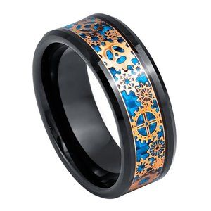 8MM BLACK ROSE GOLD PLATED STEAMPUNK GEAR TUNGSTEN WEDDING BAND RING